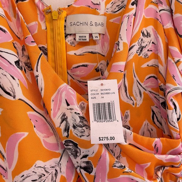 NWT Sachin Babi AVA Orange Pink Floral Ruffle Midi Wrap Dress Puff Sleeve - Picture 3 of 10